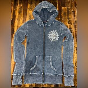 TParty Distressed long sleeve Y2K zip up hooded sweater sz S metal details blue